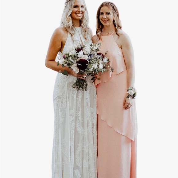 END OF SUMMER
 SALE! Sz 10 Peach Bellini 2-Tiered Chiffon Halter Gown - Picture 4 of 12